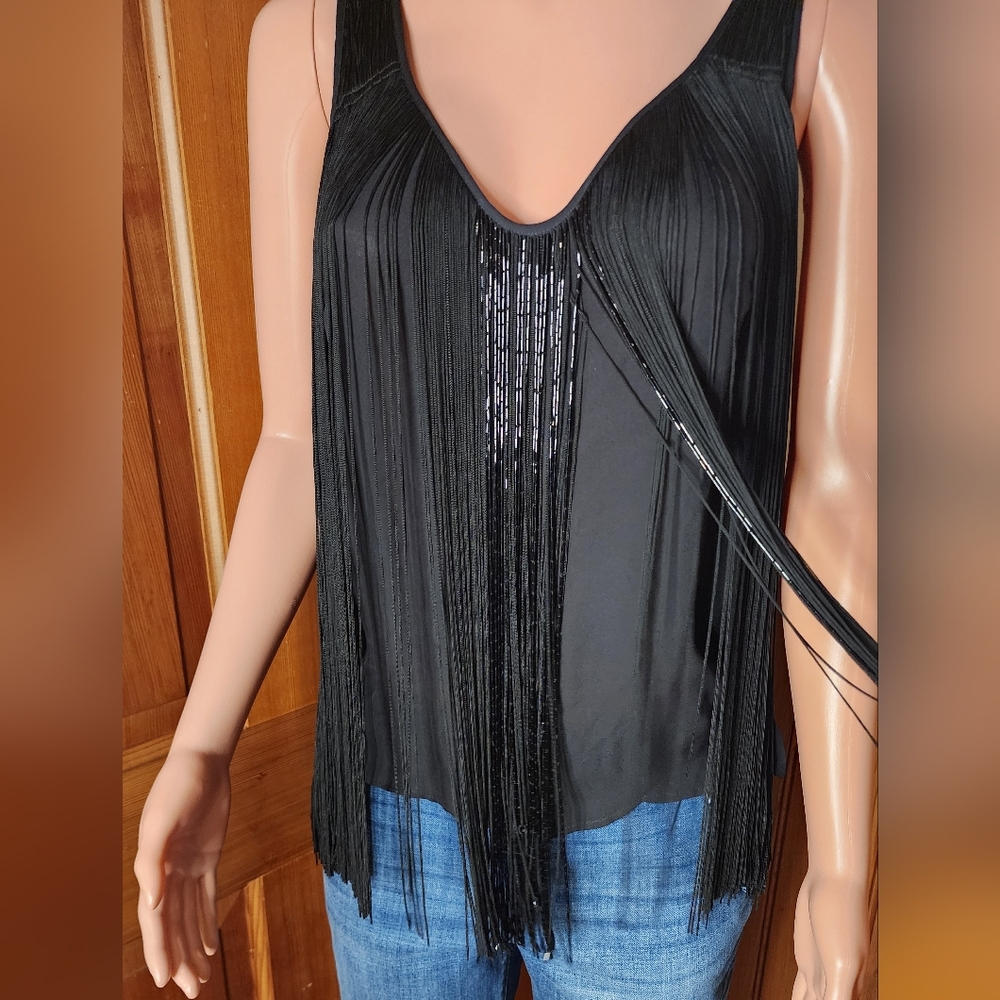 NWT Haute Hippie Silk Beaded Fringe Black Blouse M - Picture 2 of 7